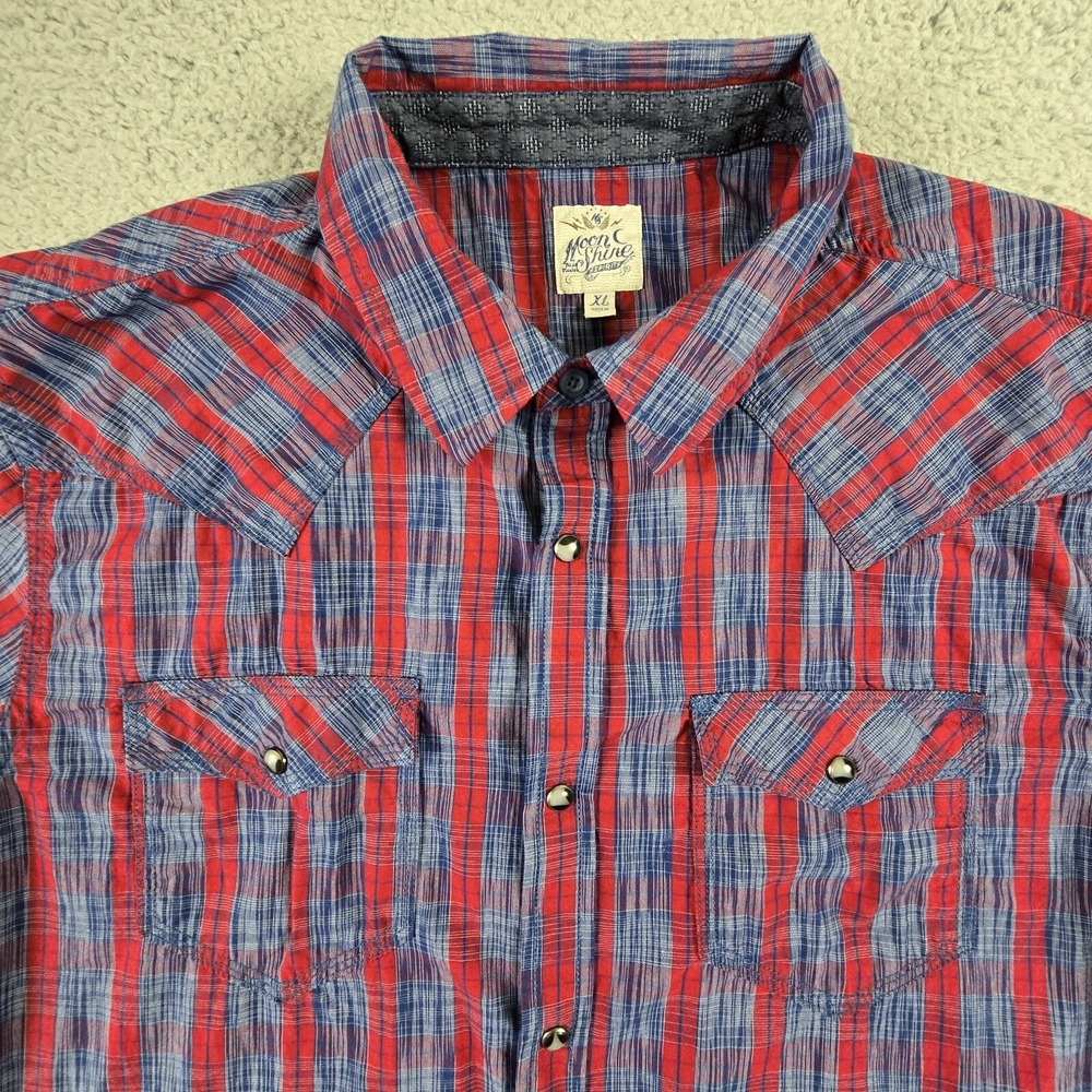 Moon shine Shirt Mens XL Plaid Short Sleeve Pearl Snap Western - Picture 3 of 14